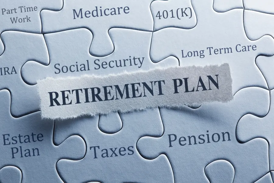 What is a qualified retirement plan? The puzzle offers pieces that have social security, pension, 401(k), and taxes written on each piece. 