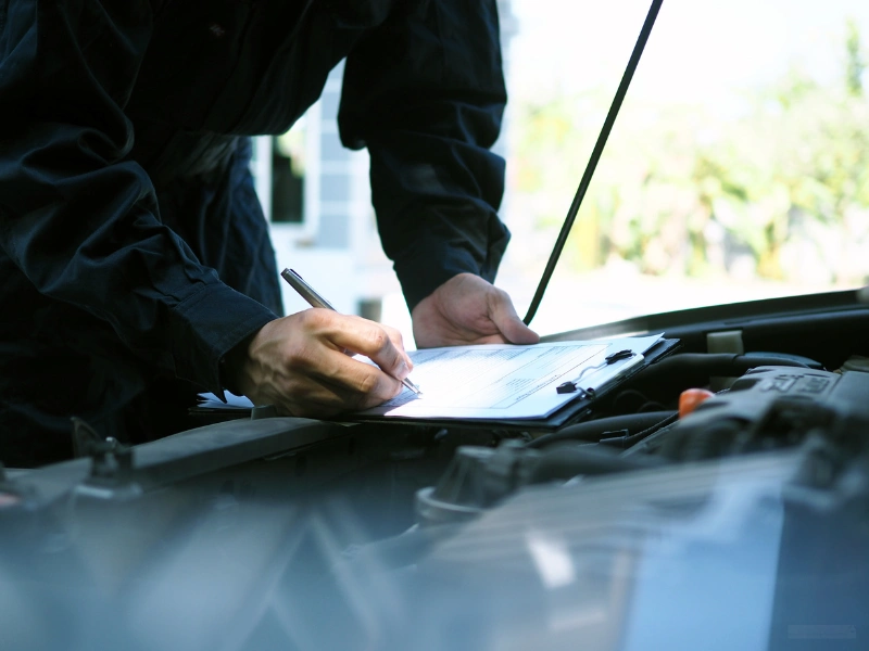 Technician logging notes on car maintenance. Image complements the section regarding IRS business mileage rate and expenses deducted separately.