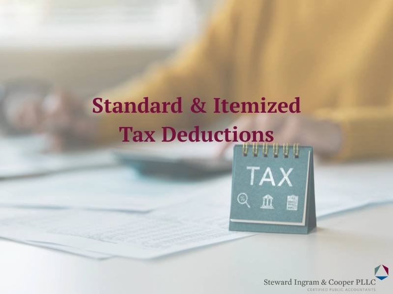 Standard vs Itemized Deduction blog image with woman filing taxes in the background. 
