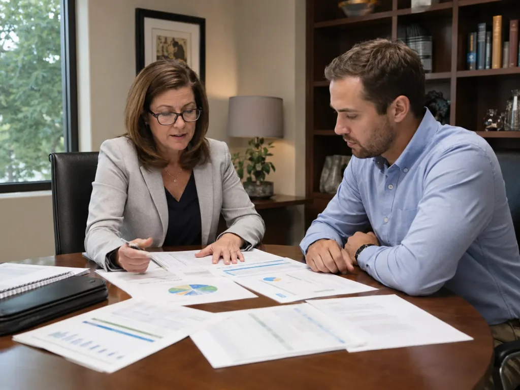 CPA reviewing financial statements with a Chapel Hill business owner at a conference table.