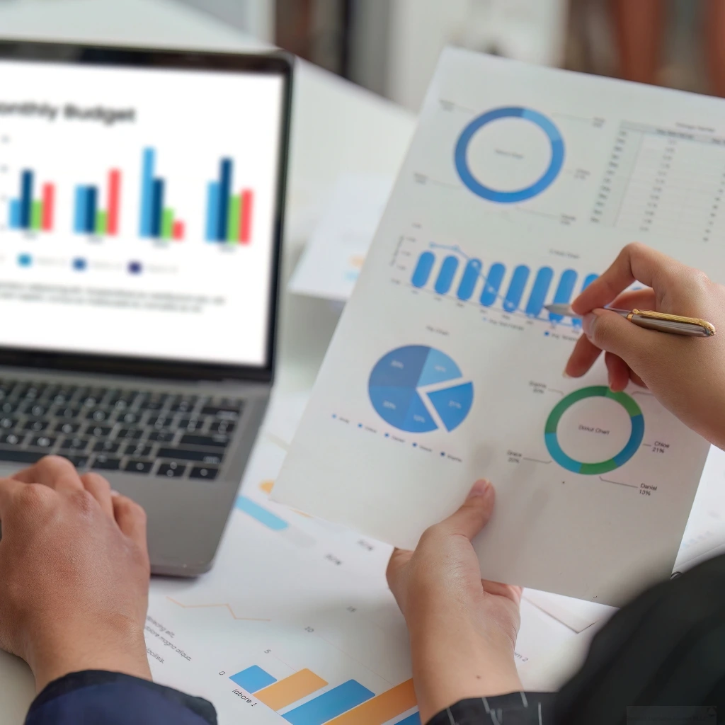 a business tax accountant reviews pie and data charts showing budgets to a client in Raleigh-Durham, NC.