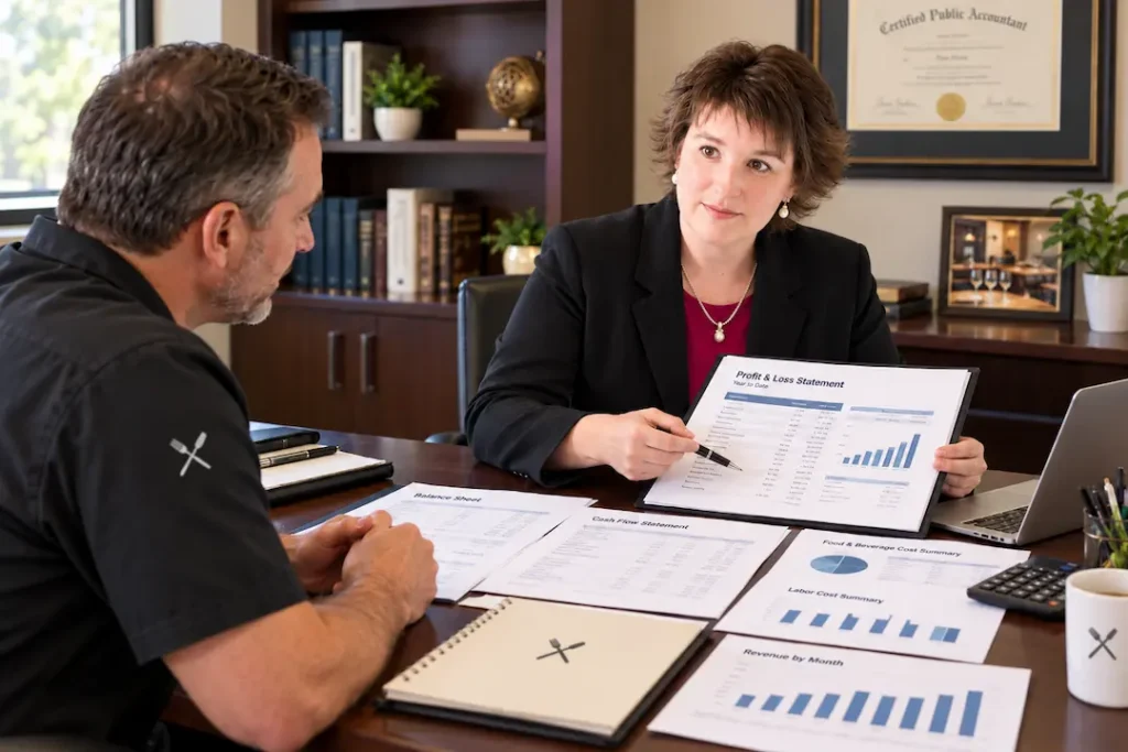 Lady CPA reviews profit and loss statement with business owner. financial-statement-preparation-Morrisville-NC.