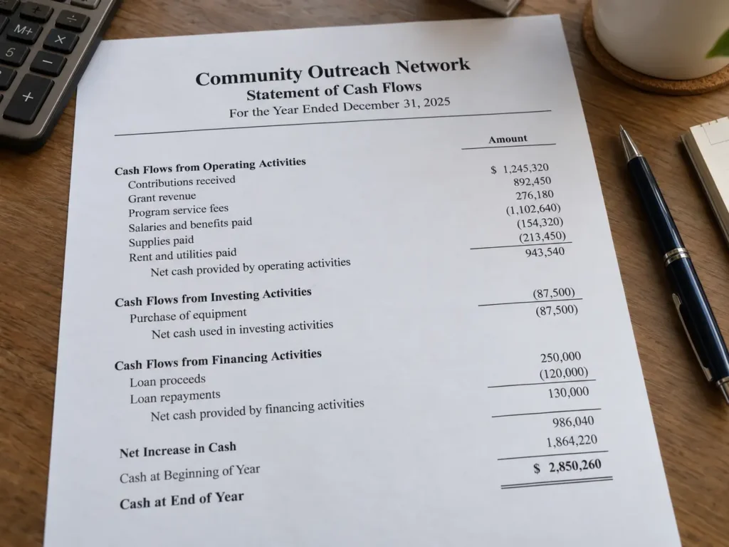 a statement of cash flows. financial statements for nonprofits, non profit organization financial statements, nonprofit financial statements, not for profit financial statements Raleigh, NC.