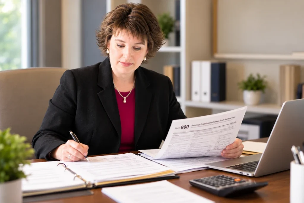 focused CPA reviewing nonprofit tax planning and preparation form 990.